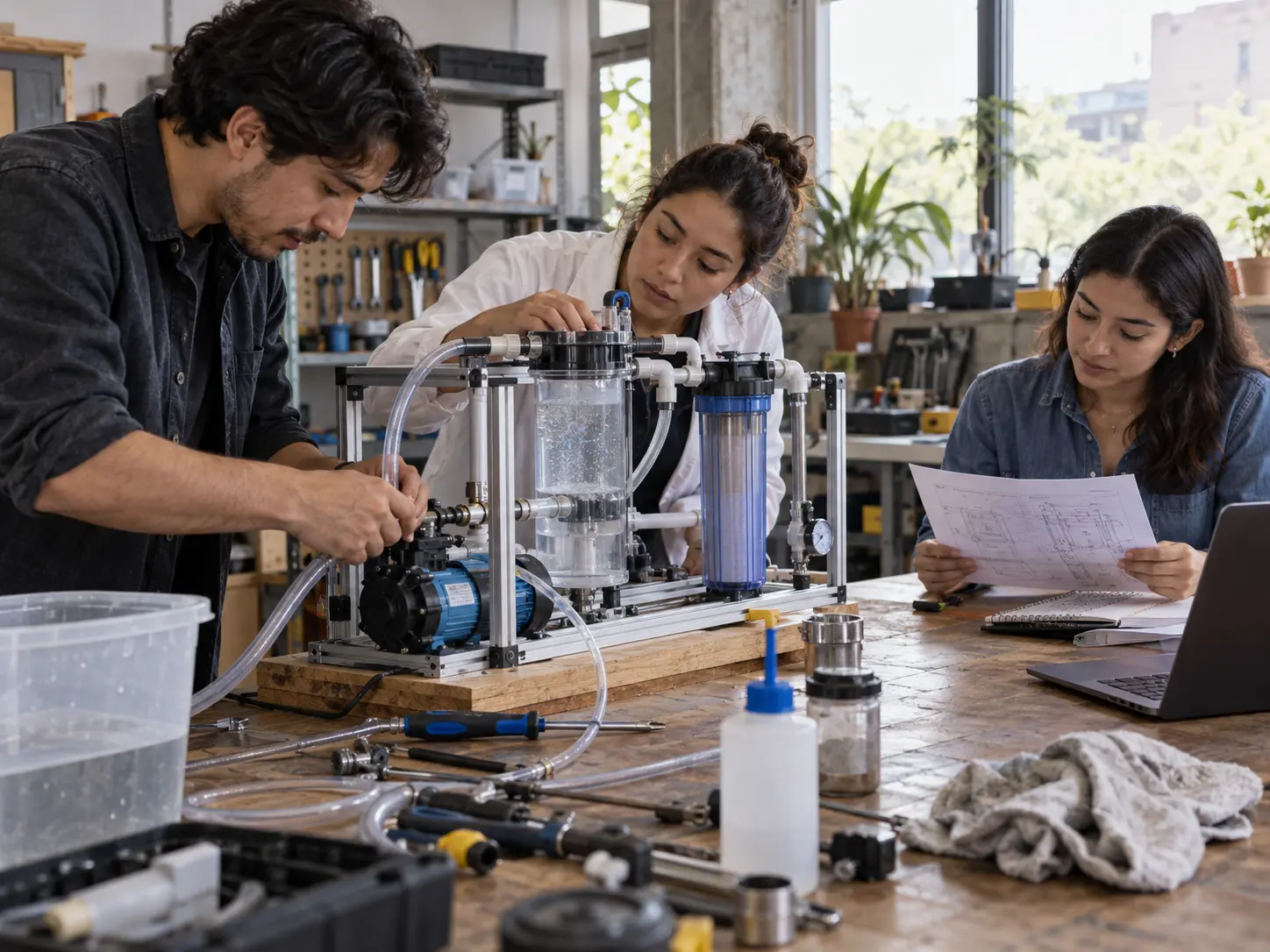Equipo multidisciplinario construyendo y probando un prototipo funcional