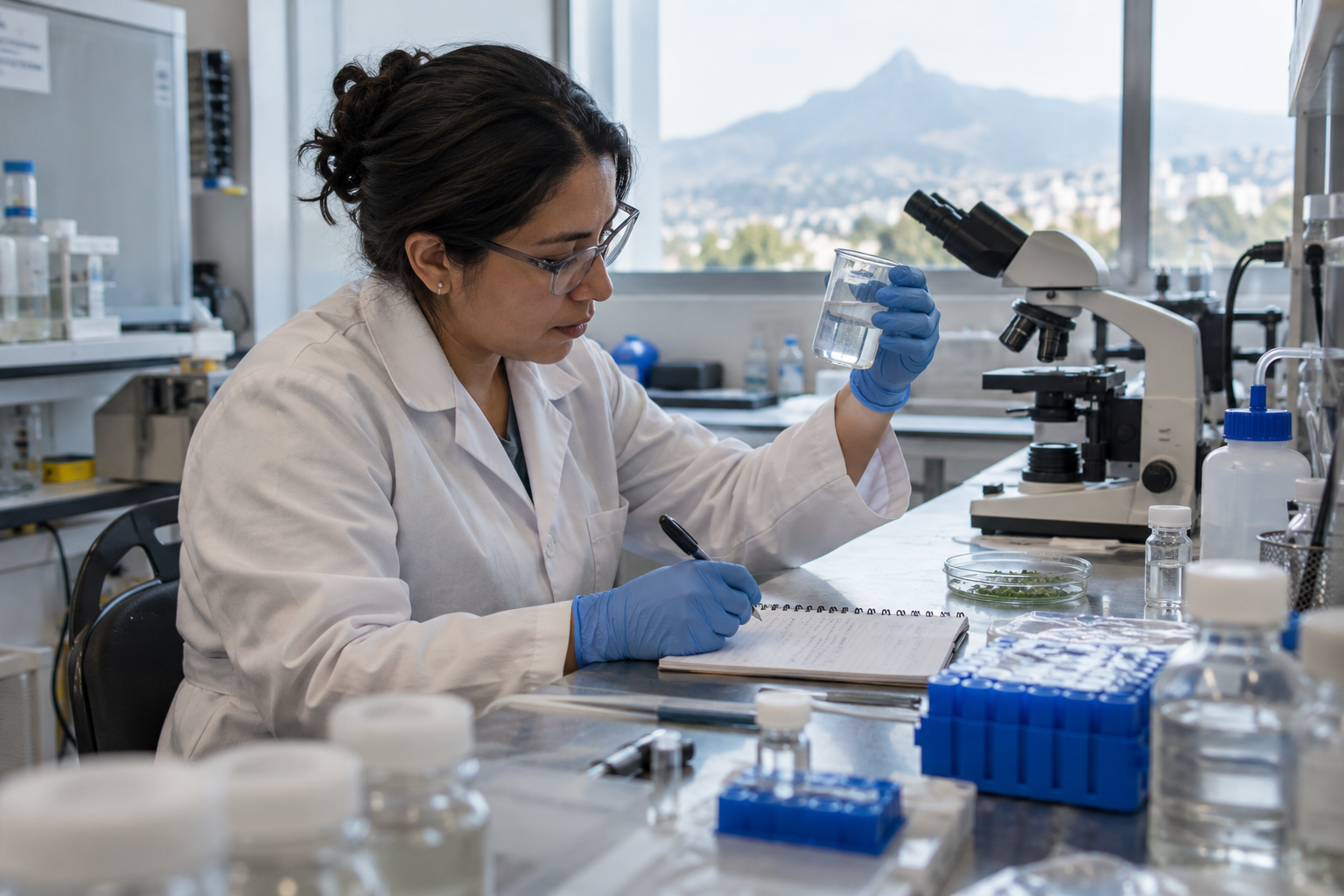 Investigadora analizando y registrando una muestra en laboratorio